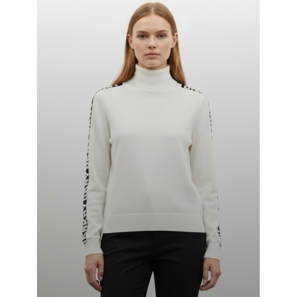 DKNY Women Ivory White Turtleneck Logo Tape Sleeve Sweater XXS
